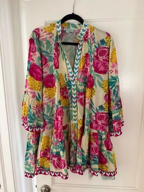 TAJ by Sabrina Crippa Floral Tiered Tunic - Pink, Yellow & Teal